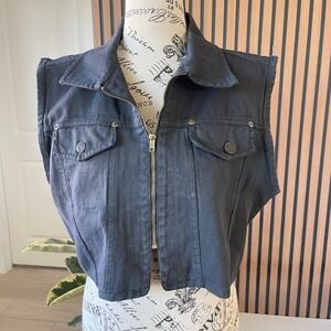 Cotton Express‎ Black Denim Vest Women's Size L Sleeveless Zip Up Cropped